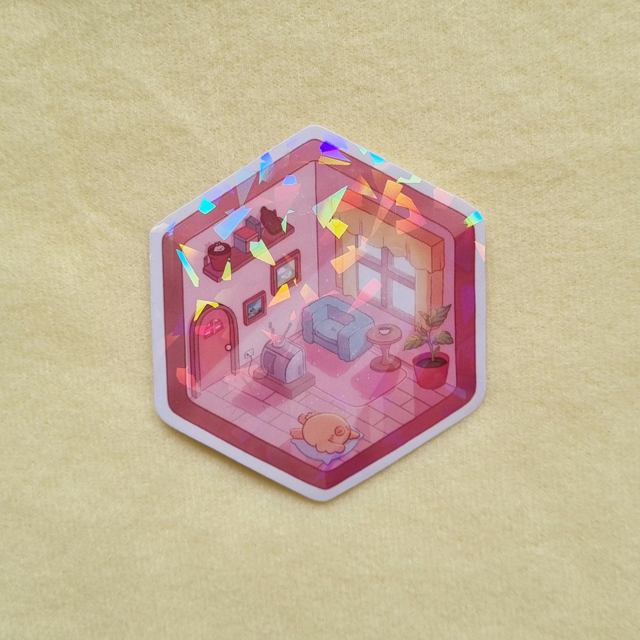 Isometric holographic vinyl sticker (6.5cm wide, 7.5cm tall)