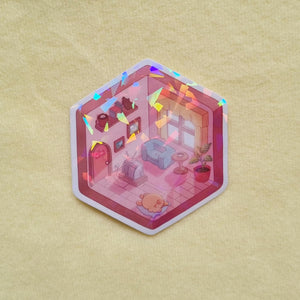 Isometric holographic vinyl sticker (6.5cm wide, 7.5cm tall)