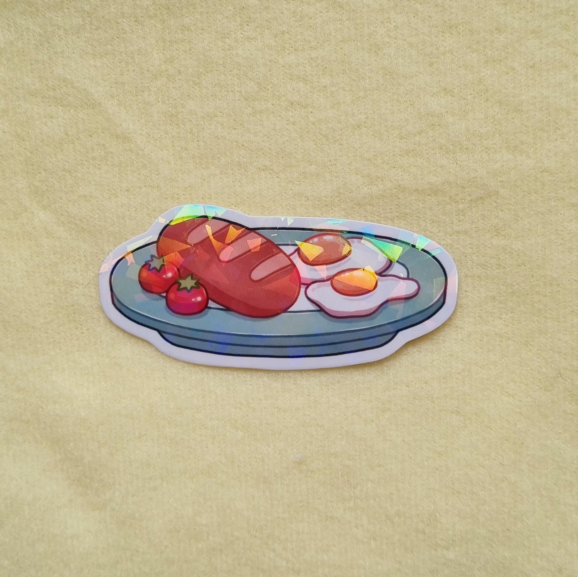 Breakfast holographic vinyl sticker (7.5cm wide, 3cm tall)